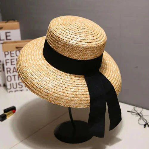 Summer straw hat French elegant seaside travel sun hat bow ribbon flat top large brim straw hat  hats for women