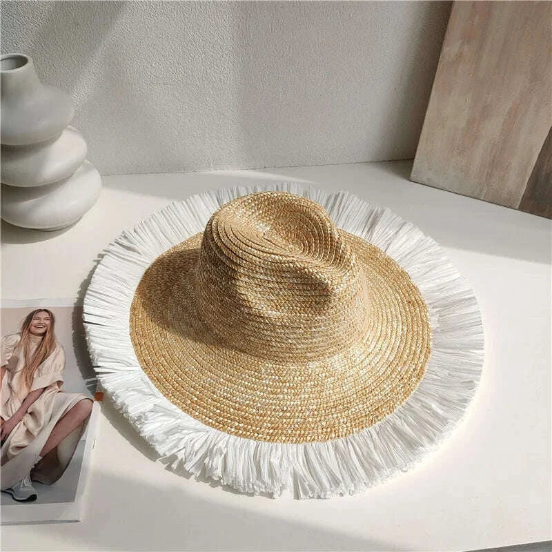 Summer straw hat French elegant seaside travel sun hat bow ribbon flat top large brim straw hat  hats for women