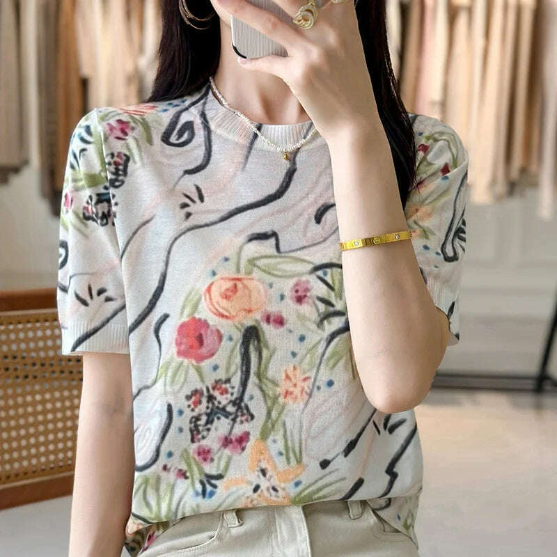KIMLUD, Summer Thin Worsted Wool Short Sleeve Printed Graffiti Sweater Women's Low Round Neck Pullover Loose Slim Half Sleeve T-shirt, 2 / M / CHINA, KIMLUD APPAREL - Womens Clothes