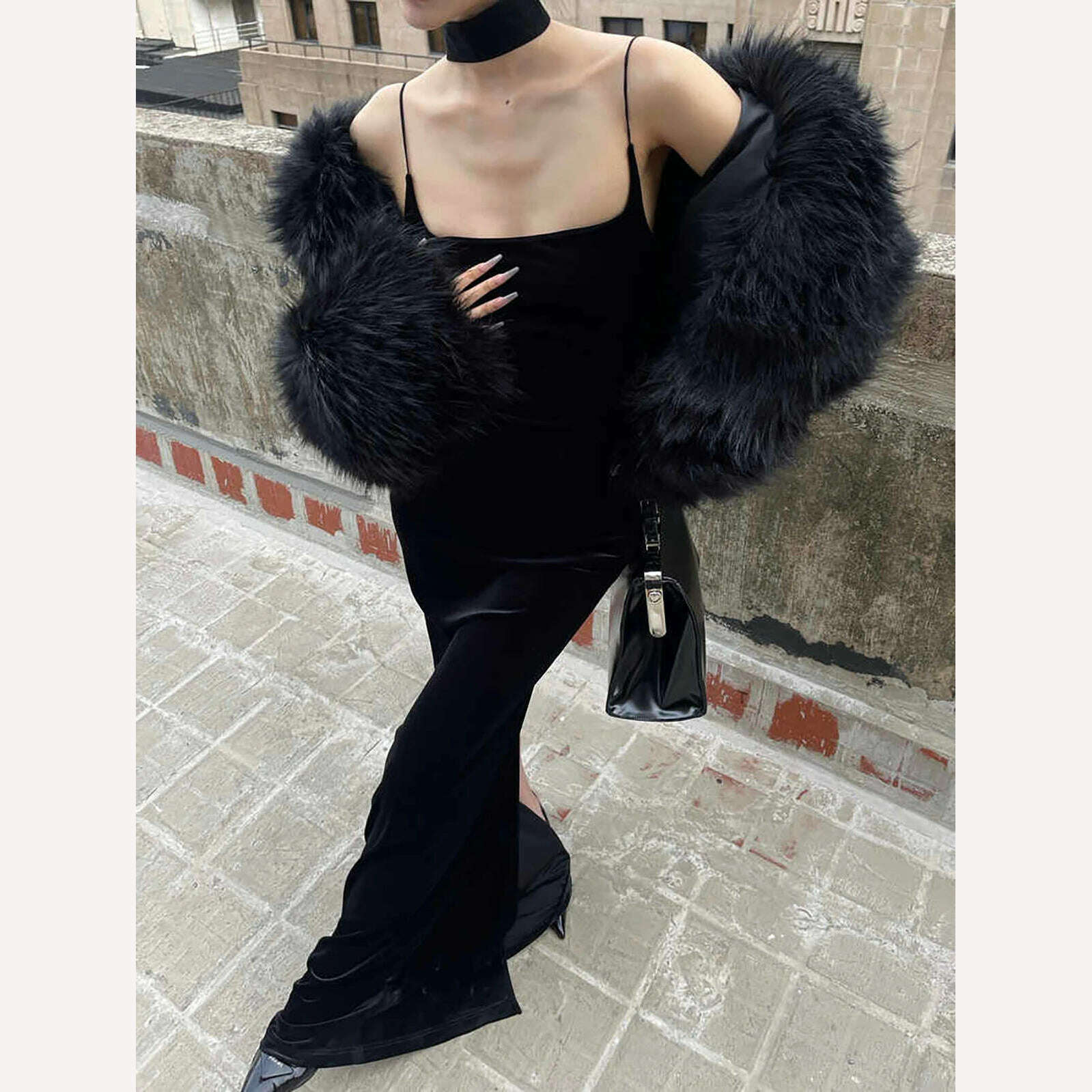 KIMLUD, Summer Women Elegant Slim Long Black Dress Spaghetti Strap Velvet Bodycon Vintage Party Prom Mujers Fashion Female Chic Robe, KIMLUD Womens Clothes
