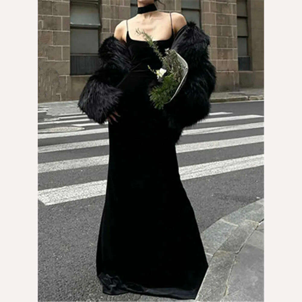 KIMLUD, Summer Women Elegant Slim Long Black Dress Spaghetti Strap Velvet Bodycon Vintage Party Prom Mujers Fashion Female Chic Robe, KIMLUD Womens Clothes