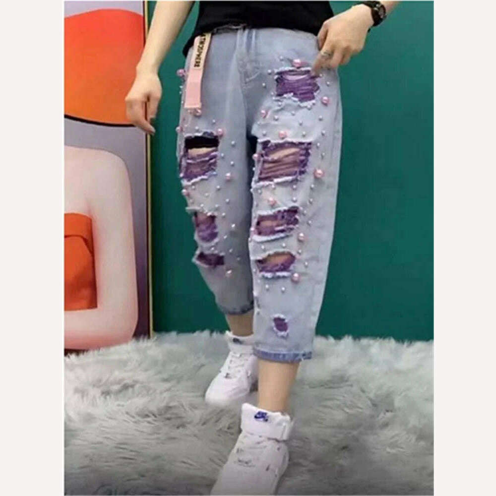 Summer Women New Fashion Beaded Holes Loose Jeans Ladies High Waist Personality Thin Denim Harem Pants Female Green Ripped Jean, Purple / S, KIMLUD Women's Clothes