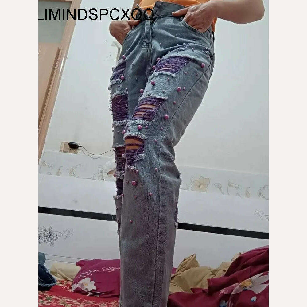 Summer Women New Fashion Beaded Holes Loose Jeans Ladies High Waist Personality Thin Denim Harem Pants Female Green Ripped Jean, KIMLUD Women's Clothes