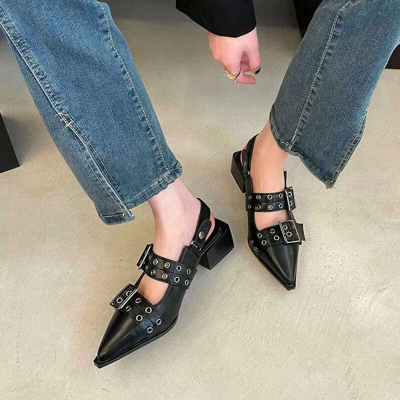 KIMLUD, Summer Women Sandals Retro Punk Style Pointed PU Leather Solid Sandals Casual Female Metal Buckle High Heels Pointed Toe Shoes, black / 39, KIMLUD APPAREL - Womens Clothes