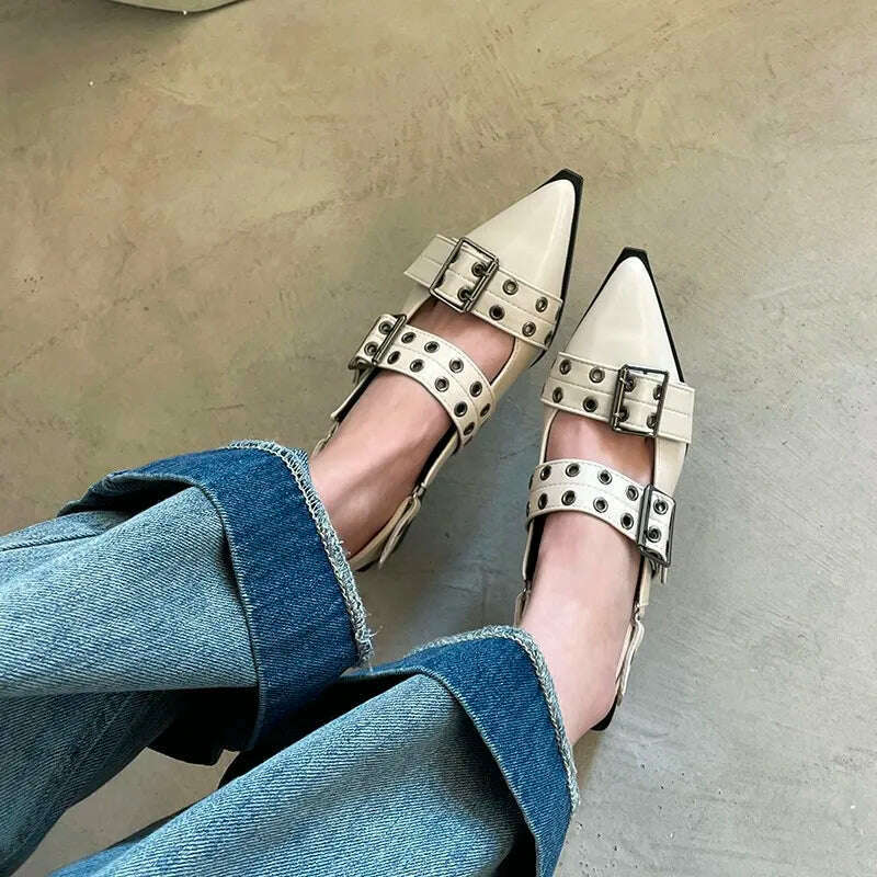 KIMLUD, Summer Women Sandals Retro Punk Style Pointed PU Leather Solid Sandals Casual Female Metal Buckle High Heels Pointed Toe Shoes, Beige / 40, KIMLUD APPAREL - Womens Clothes