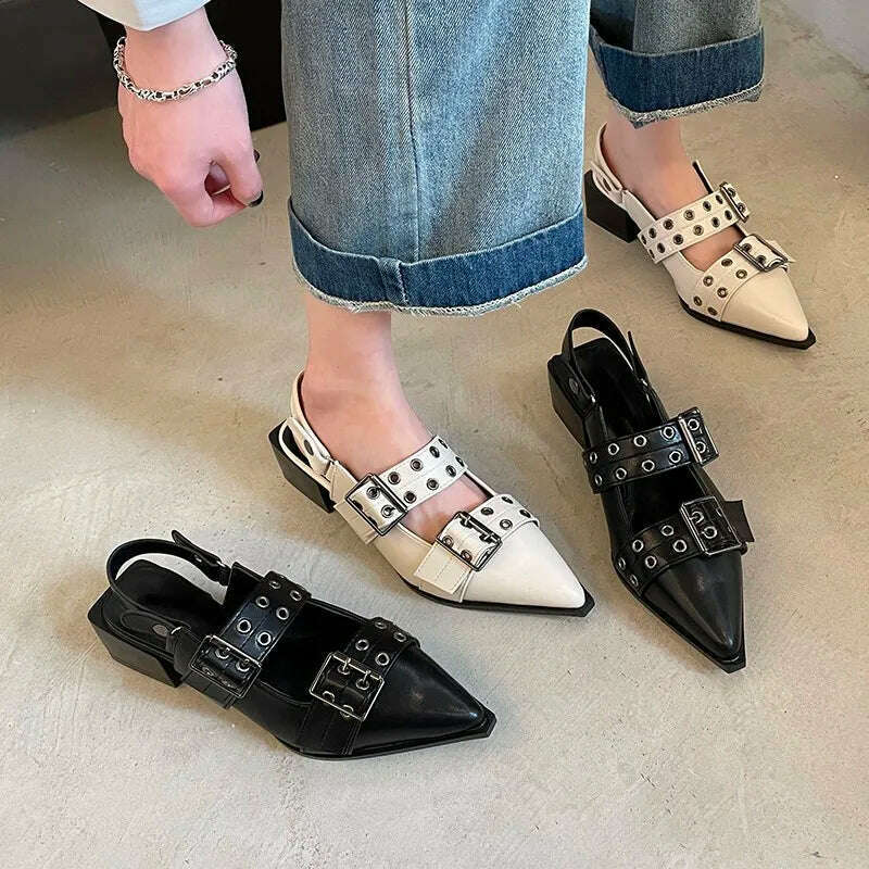 KIMLUD, Summer Women Sandals Retro Punk Style Pointed PU Leather Solid Sandals Casual Female Metal Buckle High Heels Pointed Toe Shoes, KIMLUD Womens Clothes