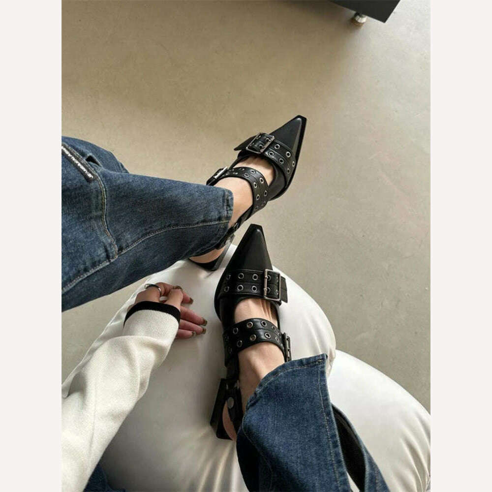 KIMLUD, Summer Women Sandals Retro Punk Style Pointed PU Leather Solid Sandals Casual Female Metal Buckle High Heels Pointed Toe Shoes, KIMLUD Womens Clothes