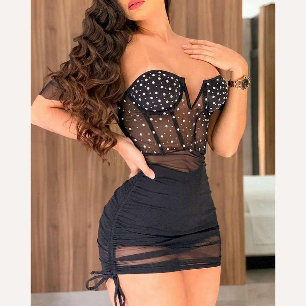 KIMLUD, Summer Women Sexy Strapless Off Shoulder Rhinestone Mesh Patchwork Bodycon Mini Party Dresses, KIMLUD Womens Clothes