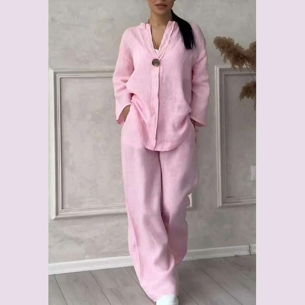 KIMLUD, Summer Women Solid Color Two Piece Set Fashion Casual Loose V-Neck Shirt Top Wide Leg Pants Outfits Communte Holiday Ladies Suit, Pink / S, KIMLUD APPAREL - Womens Clothes