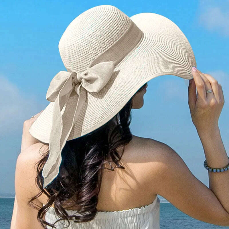 Summer Women Straw Hat Bowknot Wide Brim Floppy Panama Hats Female Lady Outdoor Foldable Beach Sun Cap - KIMLUD