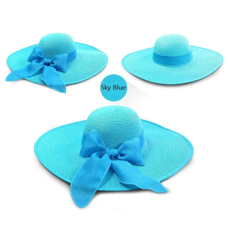 KIMLUD, Summer Women Straw Hat Bowknot Wide Brim Floppy Panama Hats Female Lady Outdoor Foldable Beach Sun Cap, sky blue, KIMLUD Womens Clothes