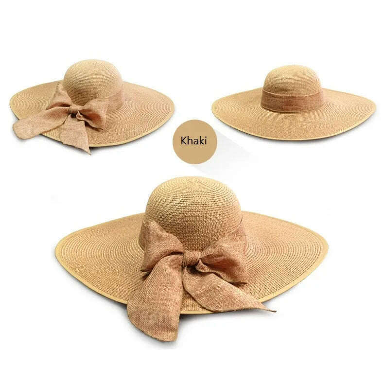 KIMLUD, Summer Women Straw Hat Bowknot Wide Brim Floppy Panama Hats Female Lady Outdoor Foldable Beach Sun Cap, khaki, KIMLUD Women's Clothes