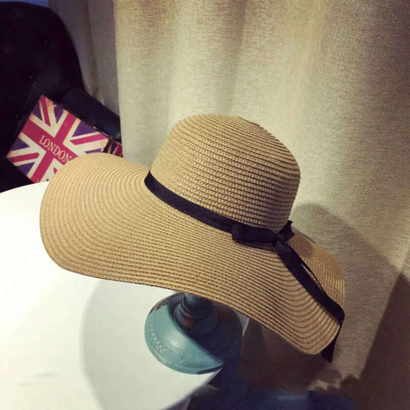 KIMLUD, Summer Women Straw Hat Bowknot Wide Brim Floppy Panama Hats Female Lady Outdoor Foldable Beach Sun Cap, khaki 2, KIMLUD Women's Clothes