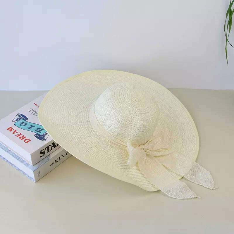 KIMLUD, Summer Women Straw Hat Bowknot Wide Brim Floppy Panama Hats Female Lady Outdoor Foldable Beach Sun Cap, white, KIMLUD Women's Clothes