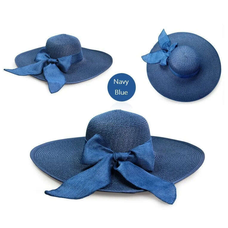 Summer Women Straw Hat Bowknot Wide Brim Floppy Panama Hats Female Lady Outdoor Foldable Beach Sun Cap - KIMLUD