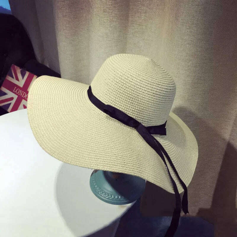 KIMLUD, Summer Women Straw Hat Bowknot Wide Brim Floppy Panama Hats Female Lady Outdoor Foldable Beach Sun Cap, beige 2, KIMLUD Womens Clothes