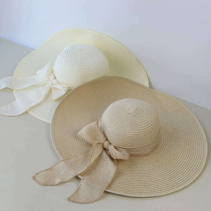 KIMLUD, Summer Women Straw Hat Bowknot Wide Brim Floppy Panama Hats Female Lady Outdoor Foldable Beach Sun Cap, KIMLUD Women's Clothes