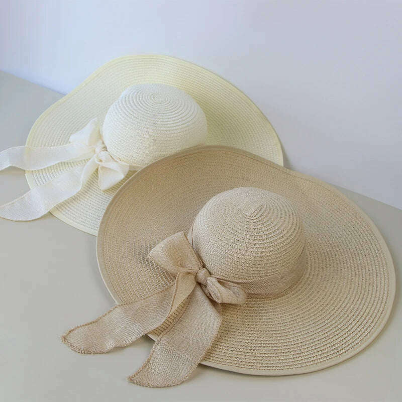 Summer Women Straw Hat Bowknot Wide Brim Floppy Panama Hats Female Lady Outdoor Foldable Beach Sun Cap - KIMLUD