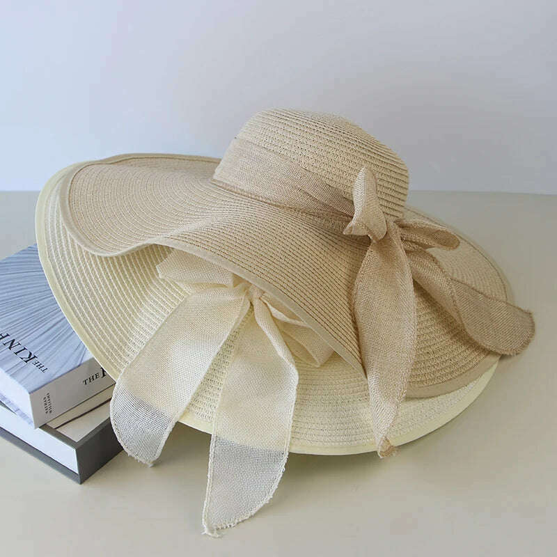 Summer Women Straw Hat Bowknot Wide Brim Floppy Panama Hats Female Lady Outdoor Foldable Beach Sun Cap - KIMLUD