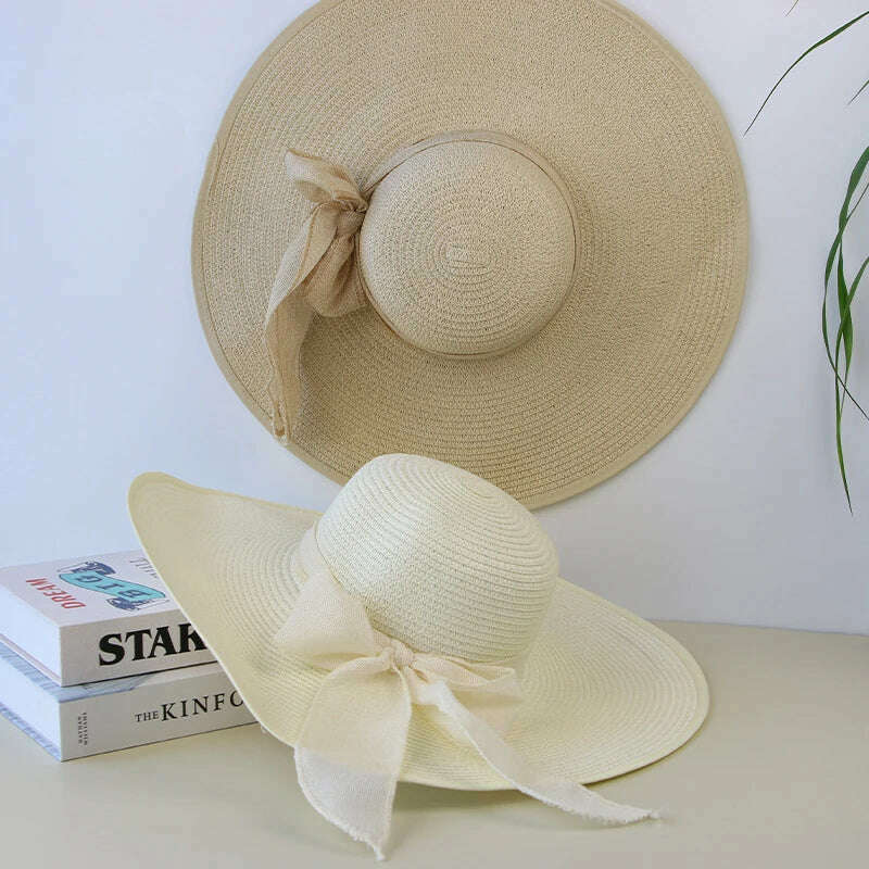 Summer Women Straw Hat Bowknot Wide Brim Floppy Panama Hats Female Lady Outdoor Foldable Beach Sun Cap - KIMLUD