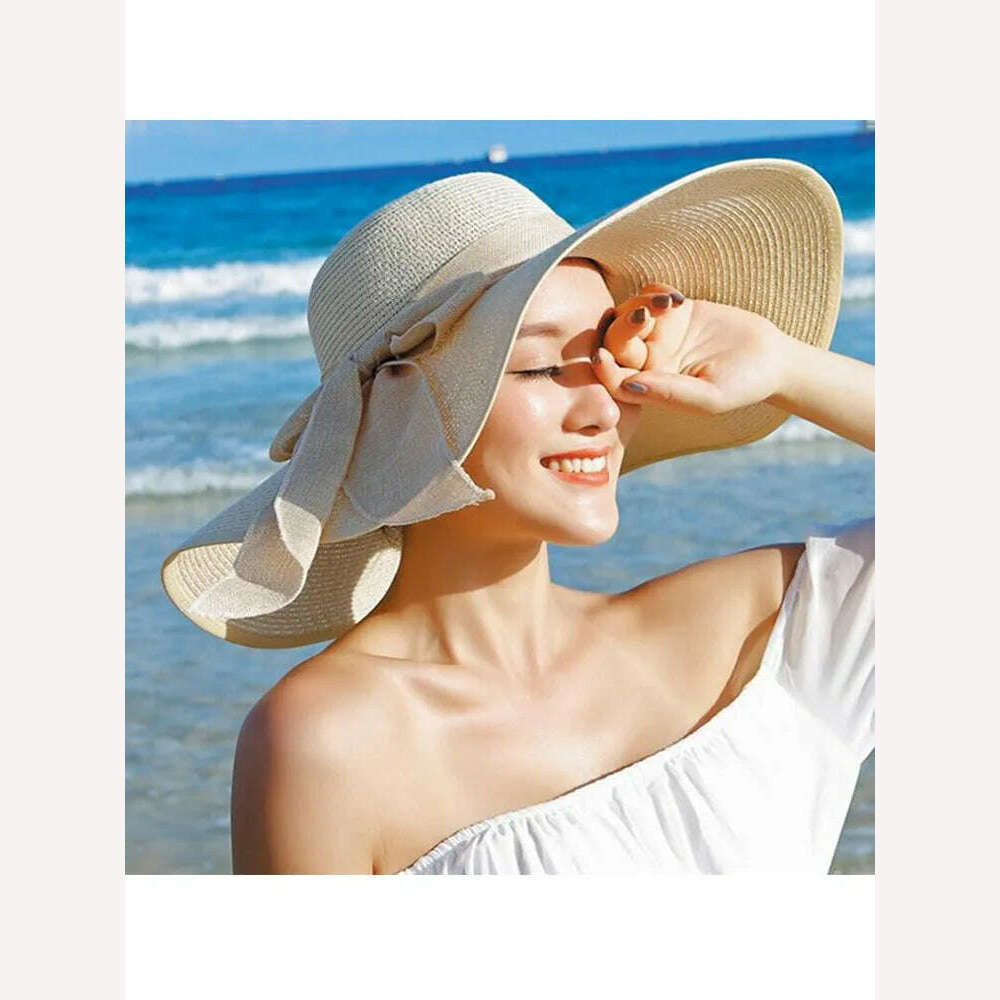 Summer Women Straw Hat Bowknot Wide Brim Floppy Panama Hats Female Lady Outdoor Foldable Beach Sun Cap - KIMLUD