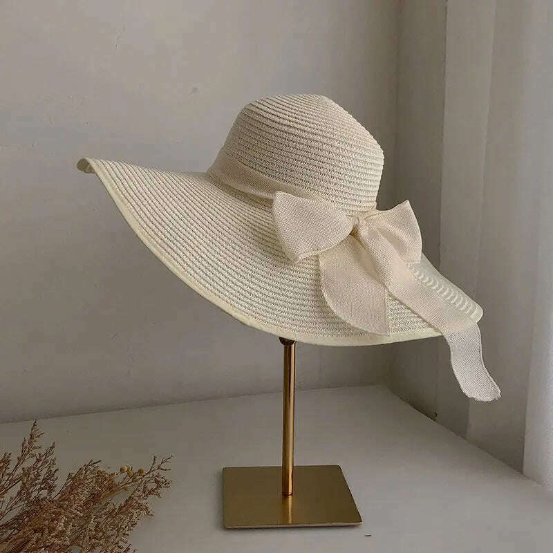 KIMLUD, Summer Women Straw Hat Bowknot Wide Brim Floppy Panama Hats Female Lady Outdoor Foldable Beach Sun Cap, KIMLUD Womens Clothes