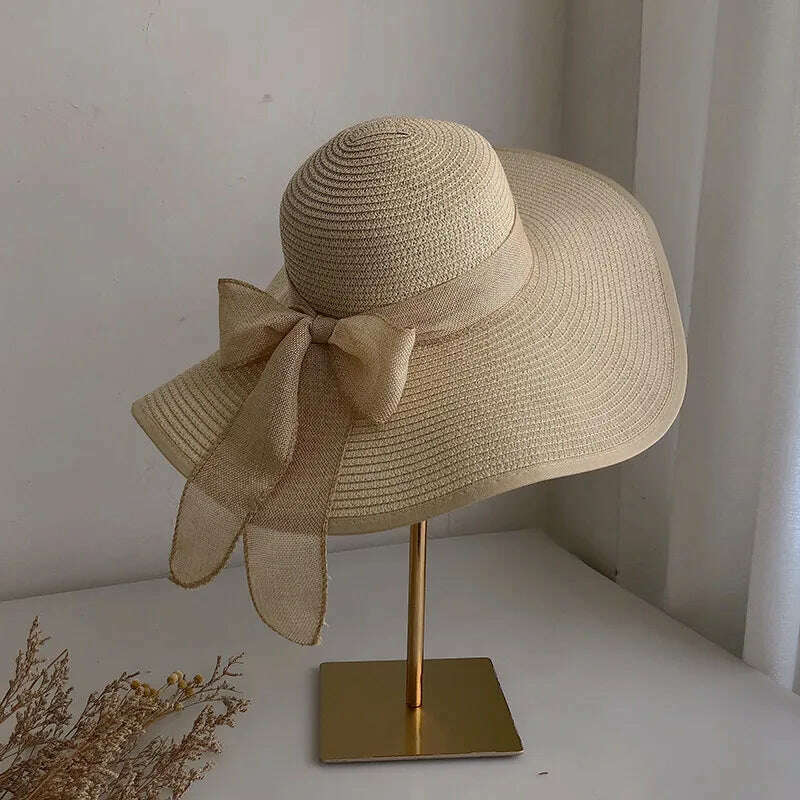 KIMLUD, Summer Women Straw Hat Bowknot Wide Brim Floppy Panama Hats Female Lady Outdoor Foldable Beach Sun Cap, Beige, KIMLUD Womens Clothes