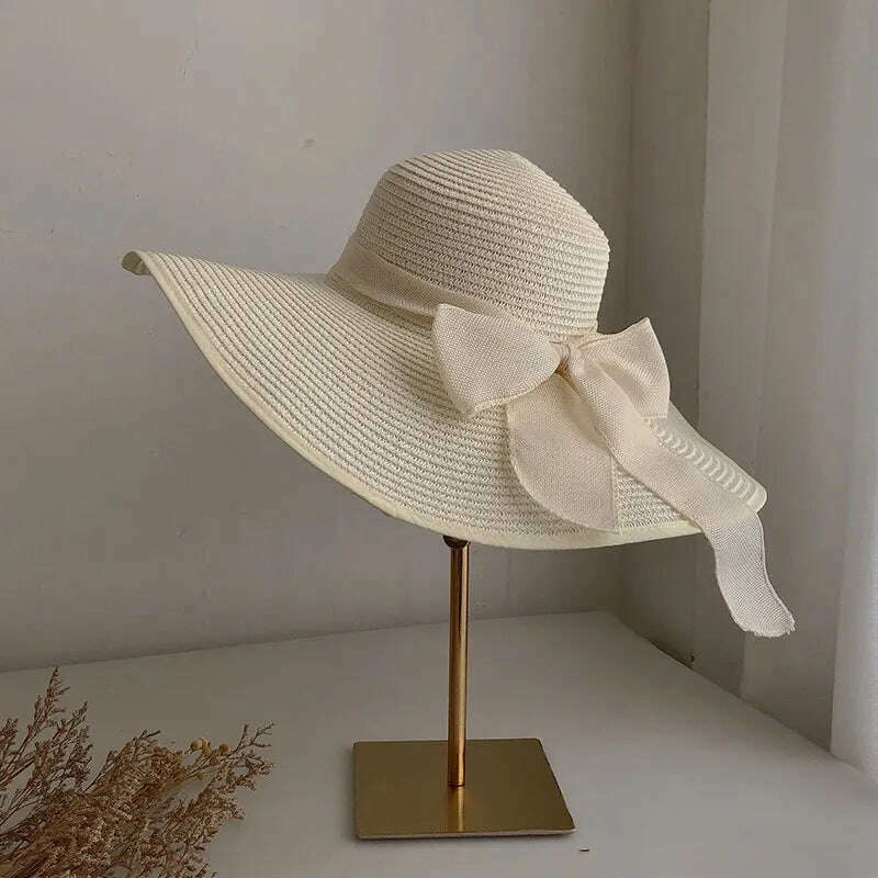 KIMLUD, Summer Women Straw Hat Bowknot Wide Brim Floppy Panama Hats Female Lady Outdoor Foldable Beach Sun Cap, Cream White, KIMLUD Womens Clothes