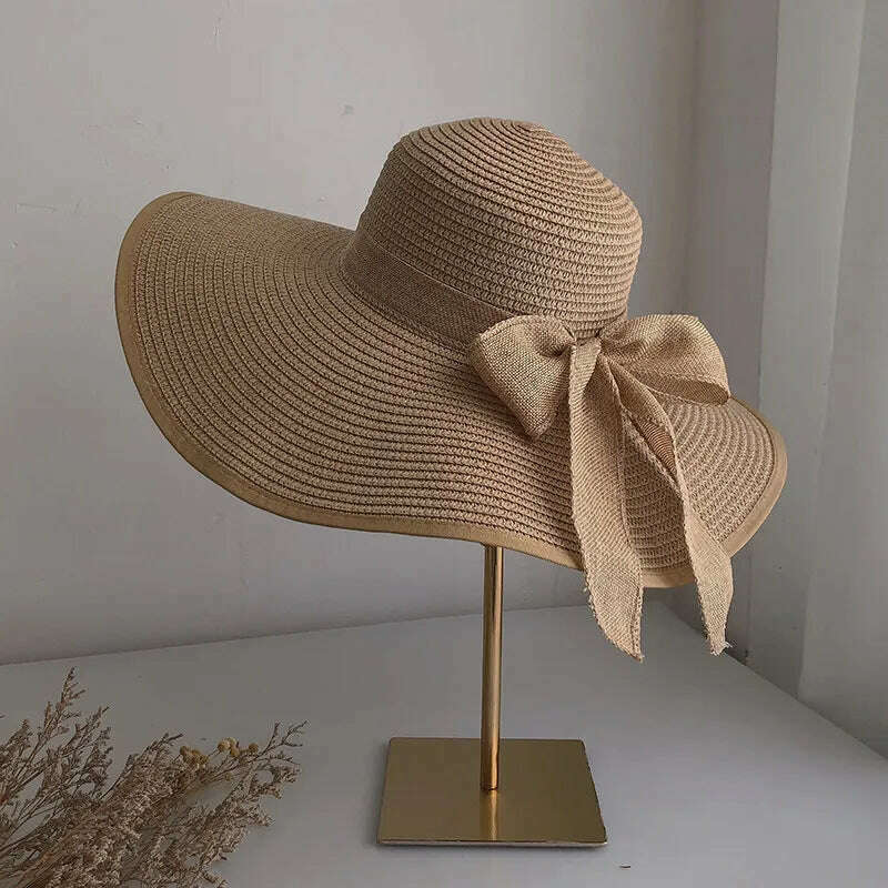 KIMLUD, Summer Women Straw Hat Bowknot Wide Brim Floppy Panama Hats Female Lady Outdoor Foldable Beach Sun Cap, Khaki, KIMLUD Womens Clothes