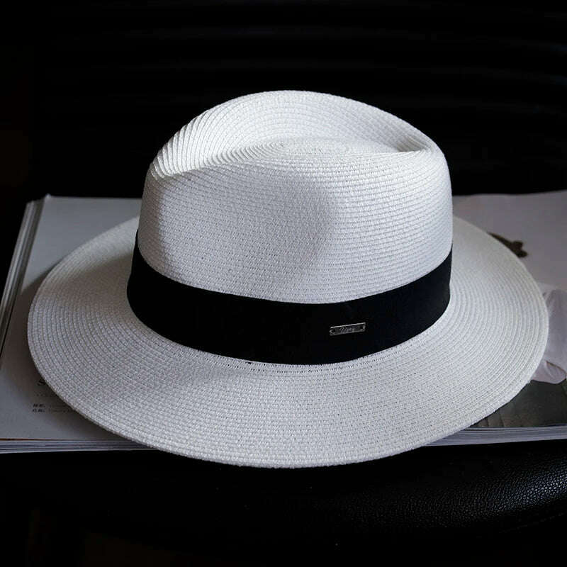KIMLUD, Summer Women Straw Hats Sun Visor Cap Leisure Elegant Panama Hat For Men Gentleman Formal Hat Manattend  Party Quality Hat Gifts, White Black Belt / M 55-57.5cm / China, KIMLUD Womens Clothes