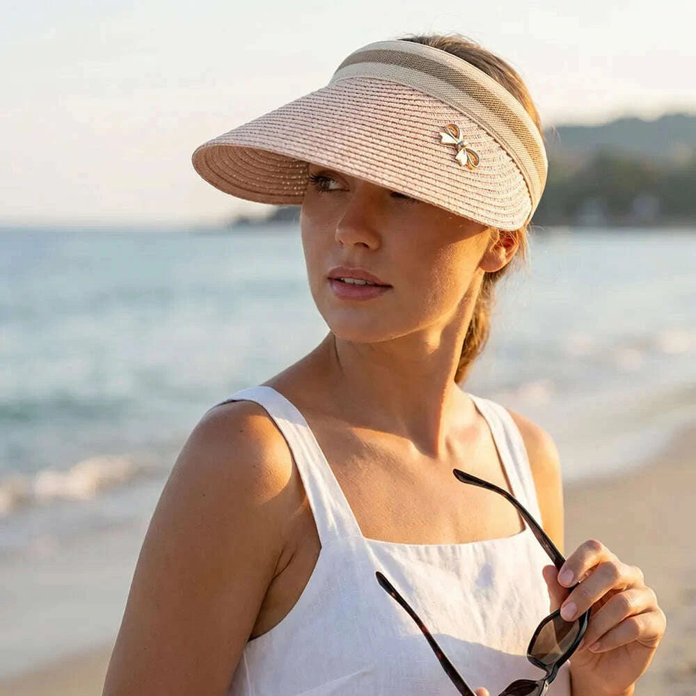Sun Caps Straw Braid Big Brim Sunscreen Visor Hat Baseball Cap Summer Breathable Bow Tie Decor Outdoor