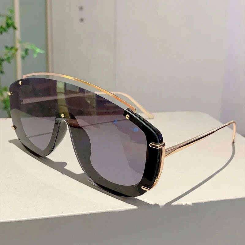 Sunglasses Oversize Shield Alloy Frame Black | KIMLUD