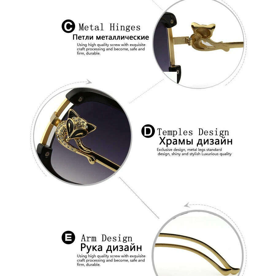Sunglasses Women Oval Retro Alloy Frame Gold Fox Design Vintage Luxury Brand Ladies Drive Travel Sun Glasses 4 Colors - KIMLUD
