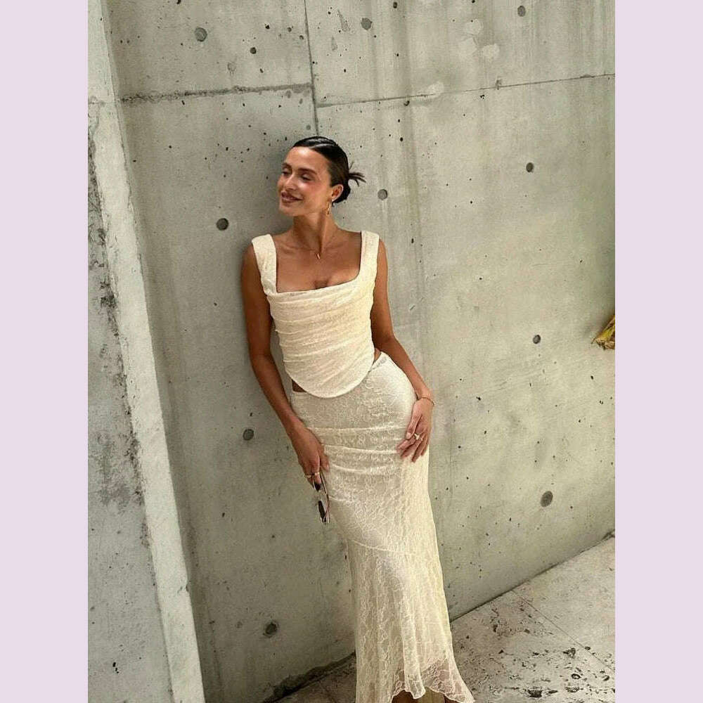Suninheart Elegant Women 2 Piece Dress Set 2023 Maxi Wedding Guest Dress Lace Up Crop Top and Maxi Skirt Set Formal Event Dress - KIMLUD
