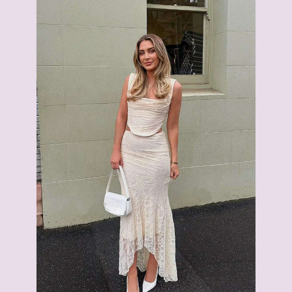 Suninheart Elegant Women 2 Piece Dress Set 2023 Maxi Wedding Guest Dress Lace Up Crop Top and Maxi Skirt Set Formal Event Dress - KIMLUD