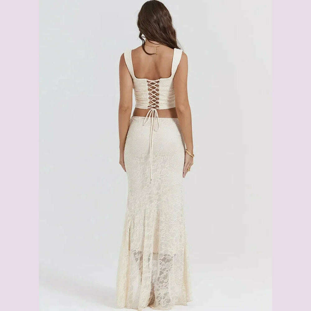 Suninheart Elegant Women 2 Piece Dress Set 2023 Maxi Wedding Guest Dress Lace Up Crop Top and Maxi Skirt Set Formal Event Dress - KIMLUD