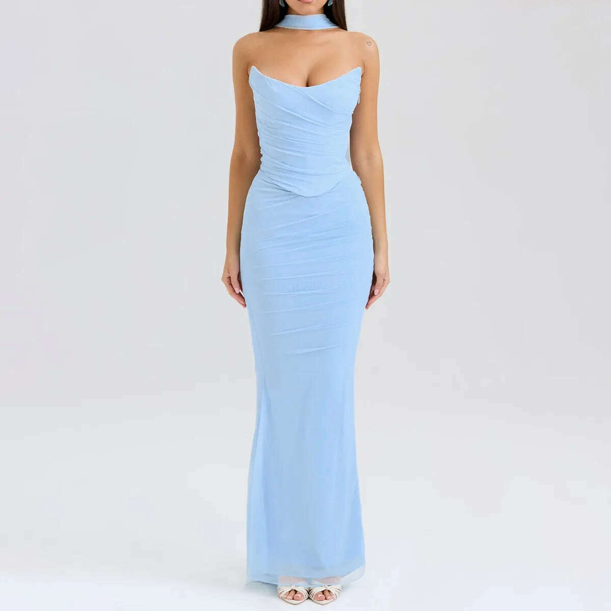 Suninheart Elegant Women 2 Piece Dress Set 2023 Maxi Wedding Guest Dress Lace Up Crop Top and Maxi Skirt Set Formal Event Dress - KIMLUD