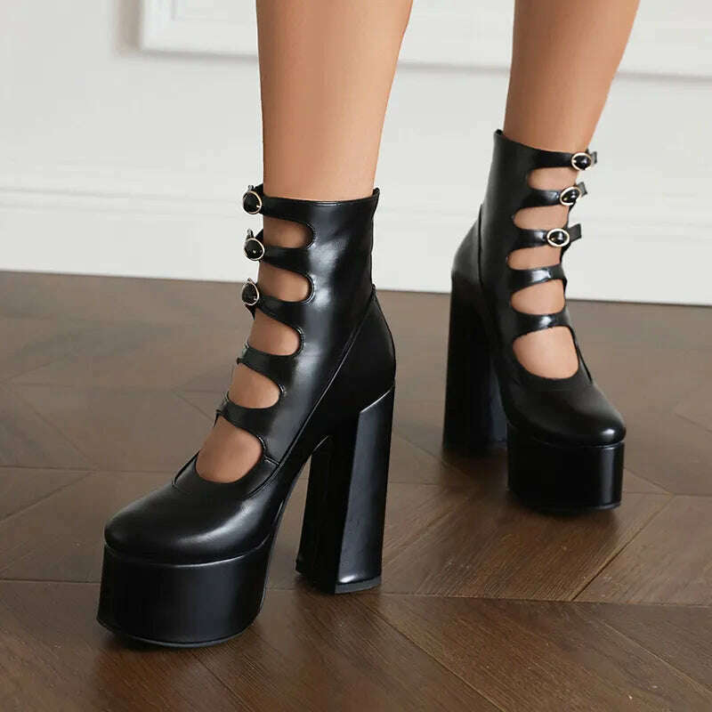 Super High Waterproof Platform Microfiber Material Roman Style Golden Hollow Sexy Woman's Ankle Boots Back Zipper Plush Lining - KIMLUD