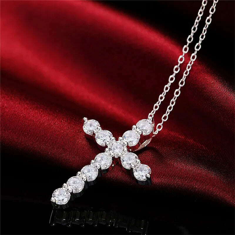 KIMLUD, Super shiny AAA Zircon 925 Sterling Silver Cross Pendant Necklaces For Women Party Charm Wedding Fashion Jewelry Gifts, KIMLUD Womens Clothes