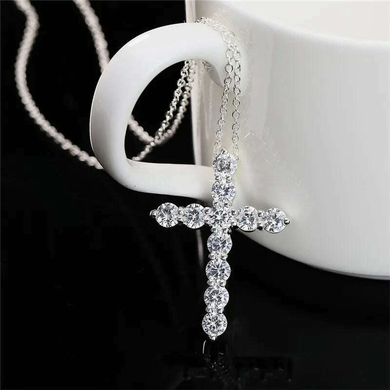 KIMLUD, Super shiny AAA Zircon 925 Sterling Silver Cross Pendant Necklaces For Women Party Charm Wedding Fashion Jewelry Gifts, KIMLUD Womens Clothes