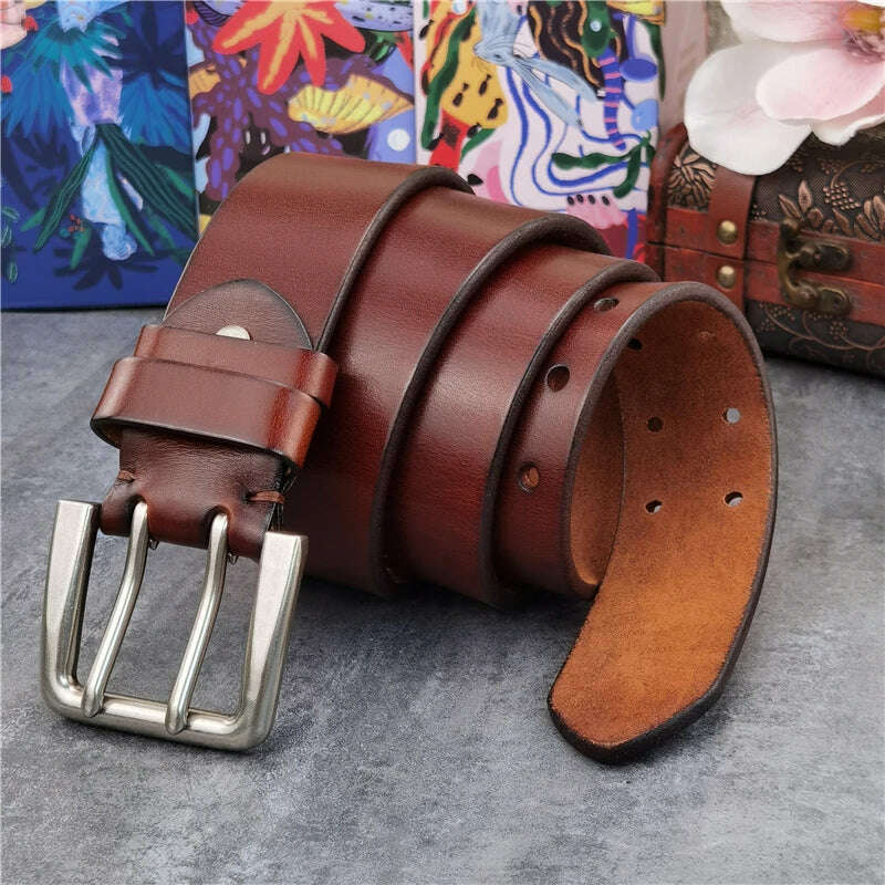 KIMLUD, Super Wide 4.2CM Luxury Thick Genuine Leather Men Belt Double Buckle Belt Ceinture  Leather Belt Men Jeans Trouser Belt MBT0018, MBT0018 S-REDBROWN / 95cm, KIMLUD Womens Clothes