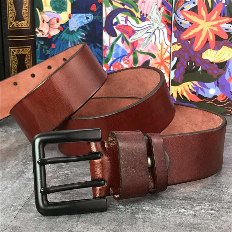 KIMLUD, Super Wide 4.2CM Luxury Thick Genuine Leather Men Belt Double Buckle Belt Ceinture  Leather Belt Men Jeans Trouser Belt MBT0018, MBT0018  REDBROWN / 95cm, KIMLUD Womens Clothes