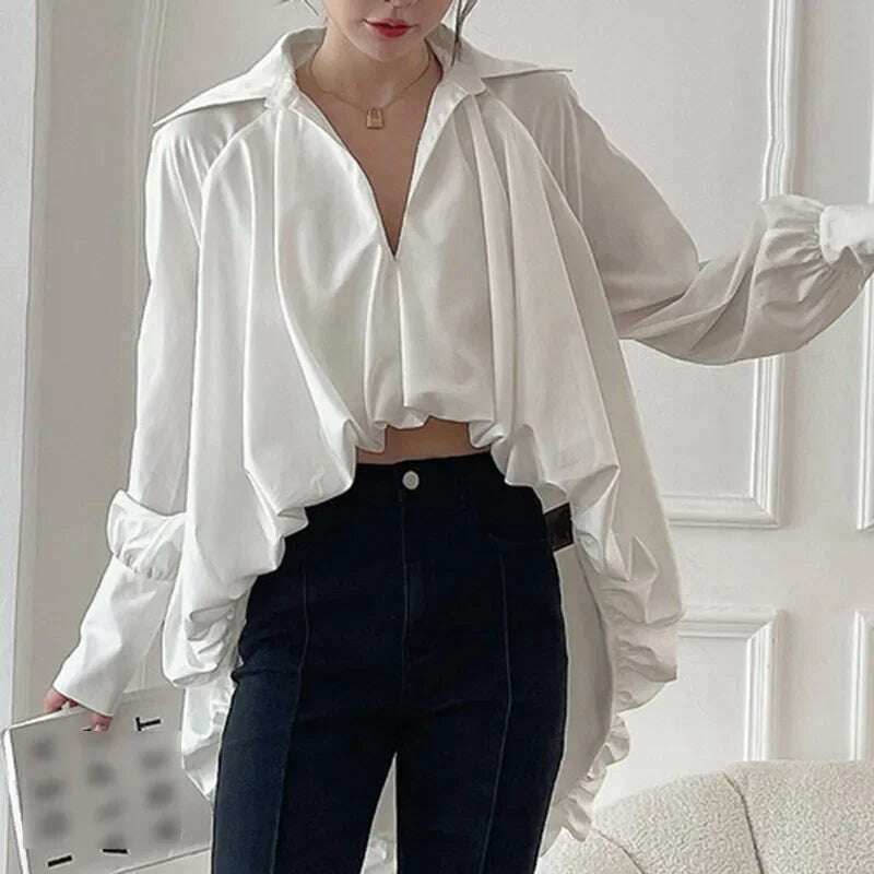 SuperAen Korean Style 2023 Autumn Lapel Lantern Sleeve Long Sleeve Pleated Solid Irregular Women's Fashion Shirt Tops - KIMLUD