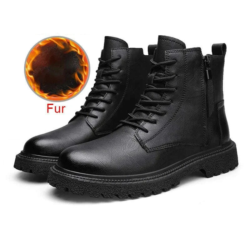 KIMLUD, SURGUT Men Boots Genuine Leather Waterproof Lace Up With Zipper Men Autumn Winter Working Boots For Men Non Slip New Men Shoes, Black Fur / 38, KIMLUD Womens Clothes