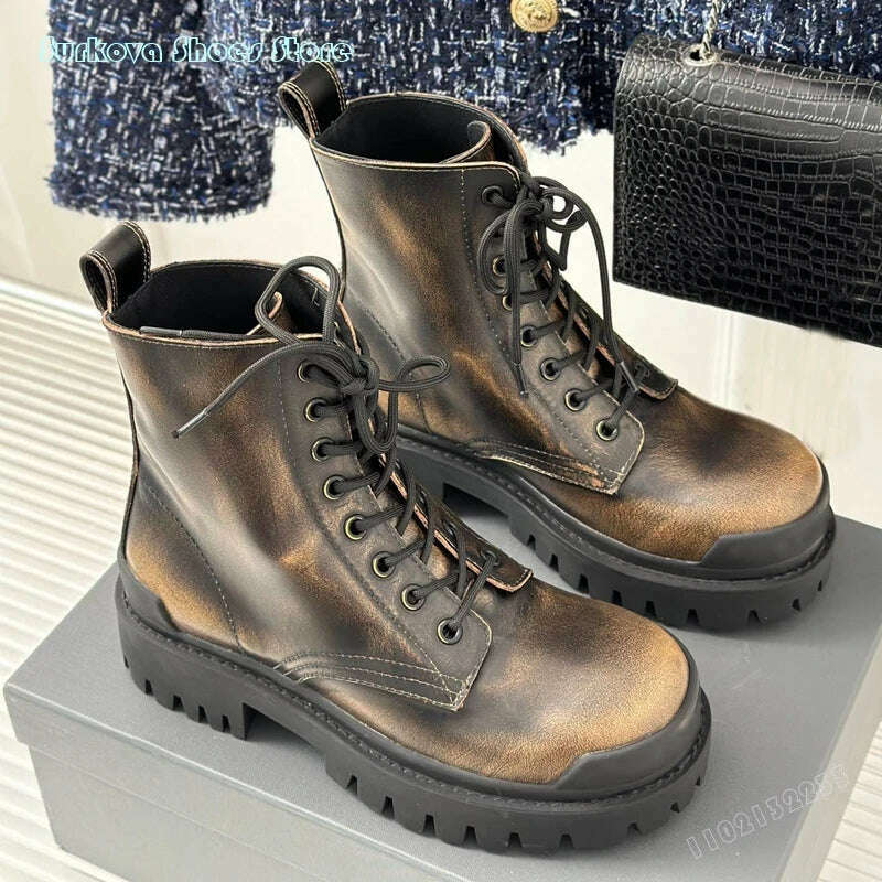 KIMLUD, Surkova Retro Thick Sole Ankle Boots Graffiti Round Toe Motorcycle Boots Women Girls Fashion Cool Vintage Lace Up Modern Boots, KIMLUD Womens Clothes