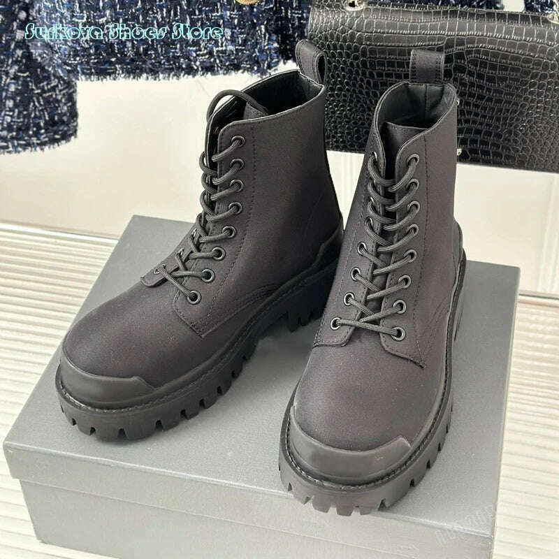 KIMLUD, Surkova Retro Thick Sole Ankle Boots Graffiti Round Toe Motorcycle Boots Women Girls Fashion Cool Vintage Lace Up Modern Boots, KIMLUD Womens Clothes