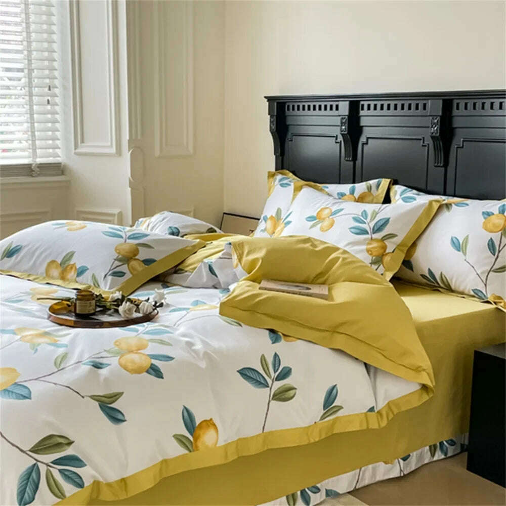 Svetanya Yellow Lemon Fruit Fresh Bedding Set Satin Egyptian Cotton Duvet Cover Set Queen King Size Linens Pillowcases - KIMLUD