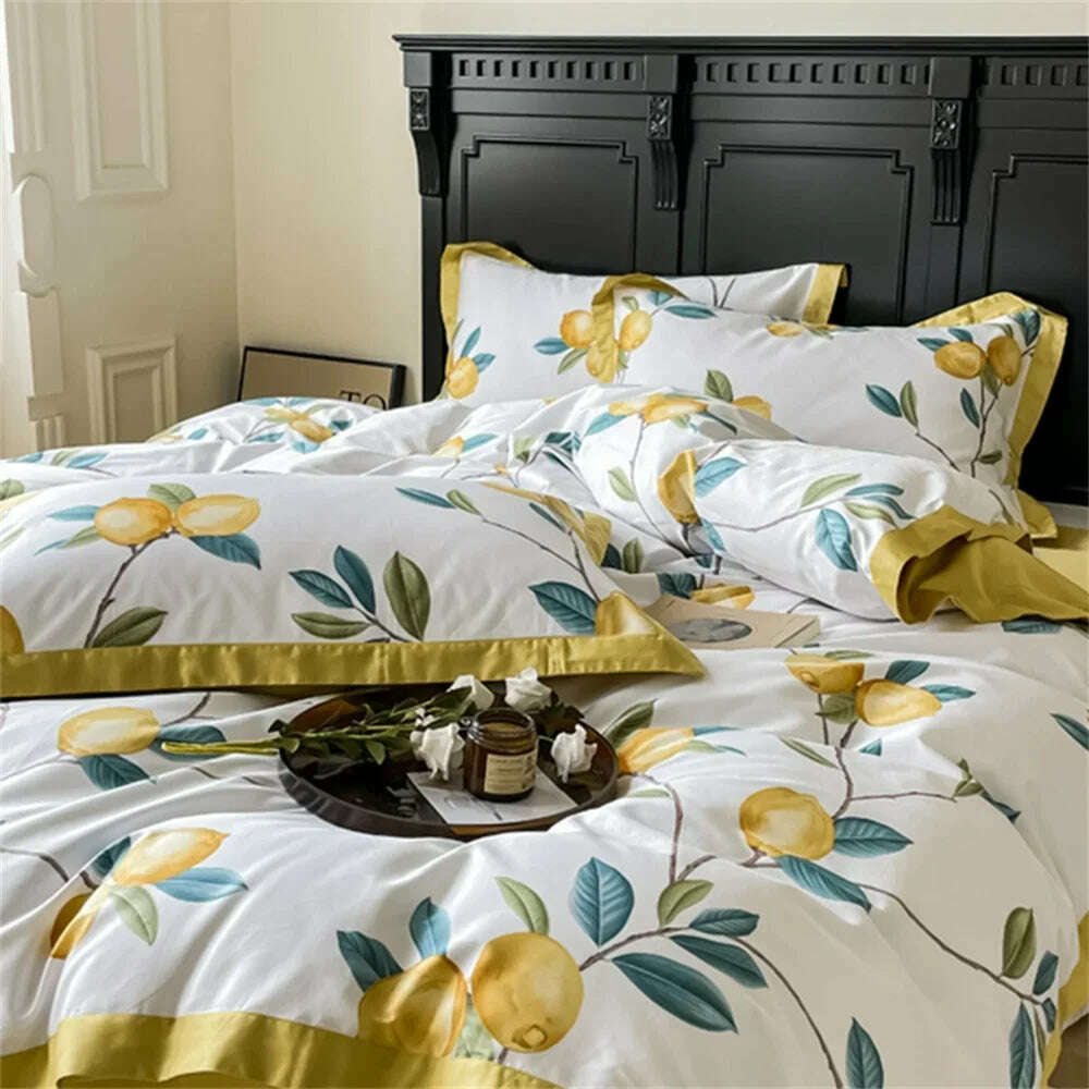 Svetanya Yellow Lemon Fruit Fresh Bedding Set Satin Egyptian Cotton Duvet Cover Set Queen King Size Linens Pillowcases - KIMLUD