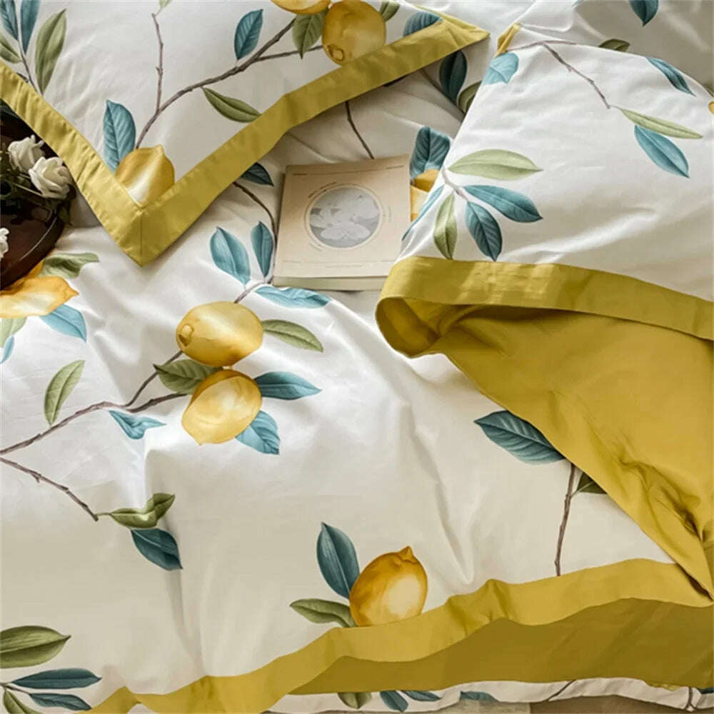 Svetanya Yellow Lemon Fruit Fresh Bedding Set Satin Egyptian Cotton Duvet Cover Set Queen King Size Linens Pillowcases - KIMLUD
