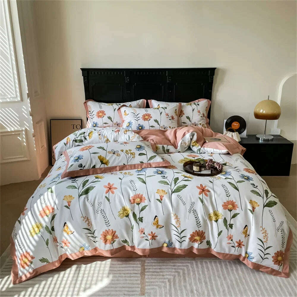 Svetanya Yellow Lemon Fruit Fresh Bedding Set Satin Egyptian Cotton Duvet Cover Set Queen King Size Linens Pillowcases - KIMLUD